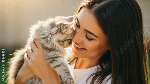 Woman Smiling While Holding Cute Fluffy Cat in Natural Light