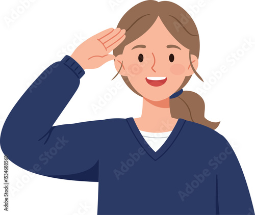 Woman giving salute gesture wearing blue sweater and smiling friendly vector illustration 