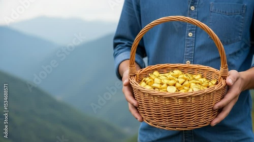 Golden Harvest in a Woven Basket Surrounded by Mountain Landscape