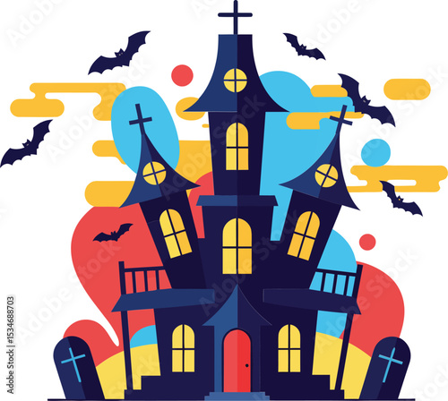 Haunted house with bats flying spooky Halloween night scene vector illustration 