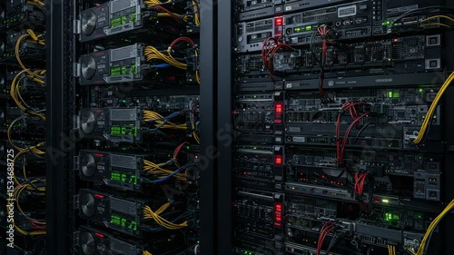 Data Center with Rows of Servers and Colorful LED Lights Glowing