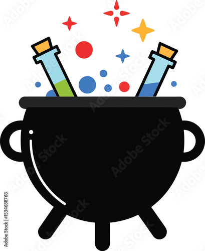 Magic cauldron with colorful potion bottles and sparkling stars vector illustration 