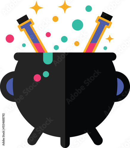 Magic cauldron with sparkling potion and colorful bubbles vector illustration for fantasy and witchcraft design 