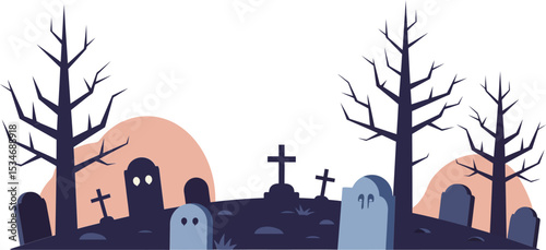 Spooky graveyard scene with tombstones bare trees and orange moon silhouette vector illustration 