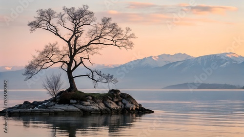 Solitary tree on rocky island at sunrise with mountain background