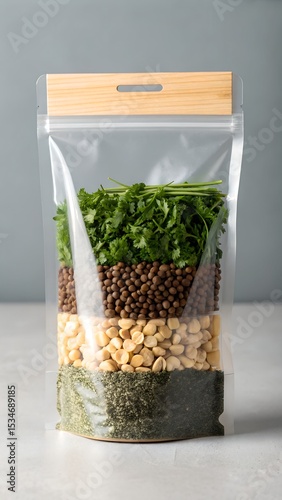Layered ingredients in a clear resealable pouch with wooden top