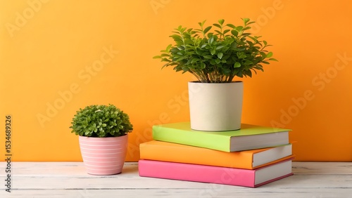 Brightly colored books and potted plants against an orange background