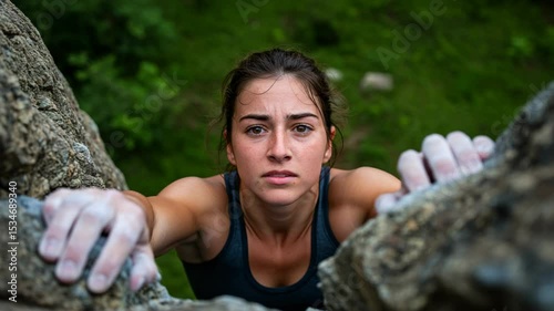 Determined Female Climber Conquering Rocky Terrain in Nature
