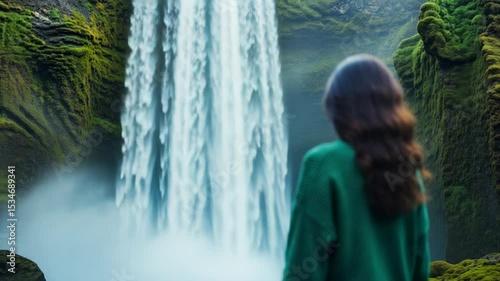 Young Woman Enjoying Nature at Majestic Waterfall in Lush Landscape