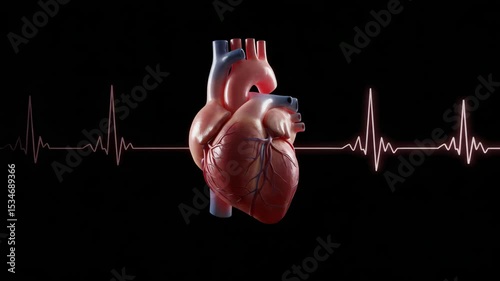 Realistic Human Heart Model with EKG Waveform Background