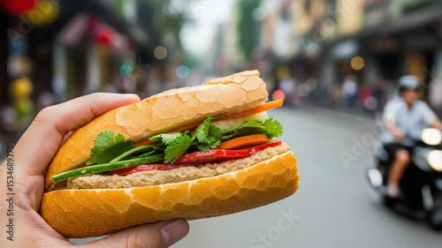 Hand Holding Delicious Sandwich with Fresh Vegetables on City Street