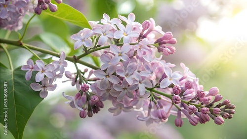 Closeup of delicate light purple lilac blossoms on branch