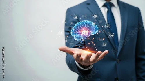 Businessman Holding Digital Brain with AI Concepts and Icons