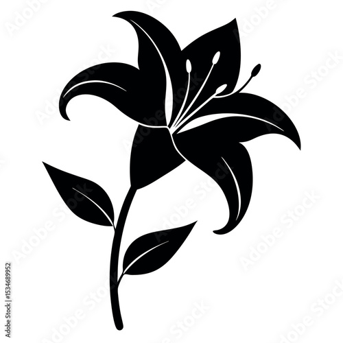Black silhouette of a single lily flower on a white background. Ideal for floral prints, tattoo designs, minimalist decor, botanical themes, and nature-inspired graphic projects