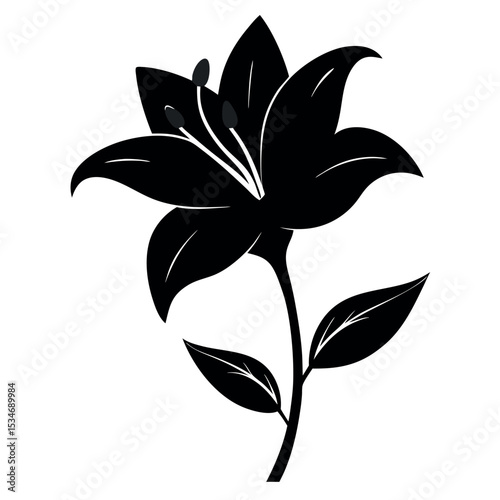 Black silhouette of a single lily flower on a white background. Ideal for floral prints, tattoo designs, minimalist decor, botanical themes, and nature-inspired graphic projects