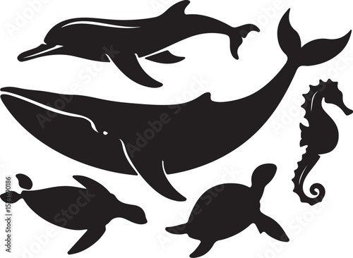 set of silhouettes of dolphins