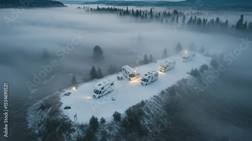 Scenic Winter Campground with RVs Surrounded by Fog and Pines