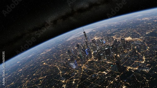 Aerial View of Futuristic Cityscape at Night with Stars Above