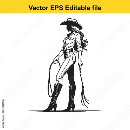 Silhouette of a Confident Cowgirl Standing with a Lasso and Whip in a Black and White Vector Illustration