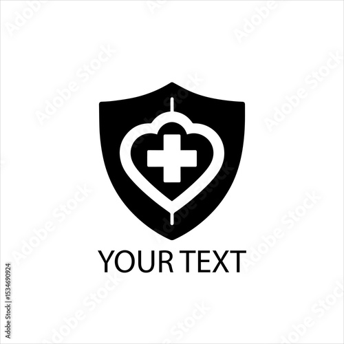 Minimalist Vector Logo of Shield with Medical Heart or Cross Symbol — Black Isolated Design