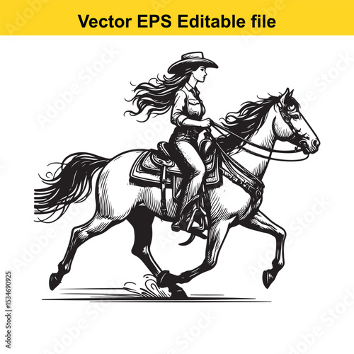 Monochromatic depiction of a Cowgirl riding a horse in a dynamic, flowing style with clear linework and detailed saddle