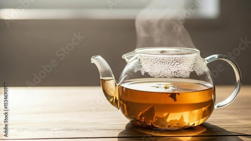 Hot Tea in Elegant Glass Teapot with Steam and Warm Atmosphere