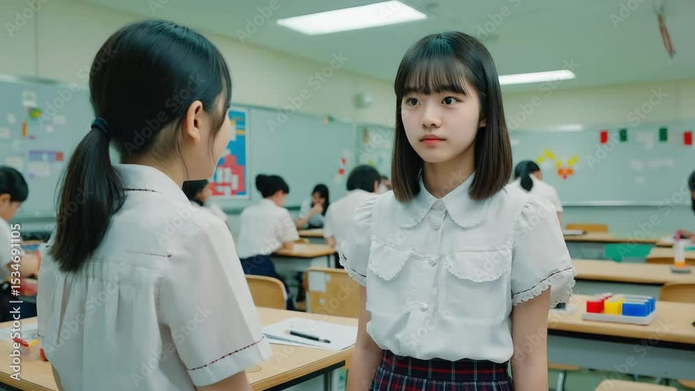 A friendly asian schoolgirl in a white blouse smiles while chatting with a classmate amid busy desks. Concept of positive peer communication and social learning. A friendly asian schoolgirl in a white blouse smiles while chatting with a classmate amid busy desks. Concept of positive peer communication and social learning.