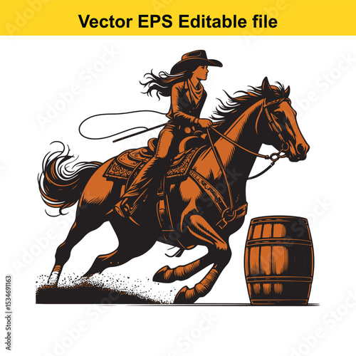 Dynamic Barrel Racing Cowgirl on Horseback Vector Illustration of Equestrian Sport, Speed and Skill in a Competitive Event