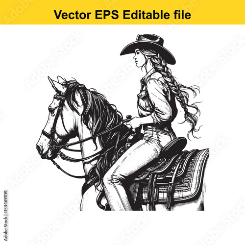 A Cowgirl Riding a Horse Vector Illustration in Black and White Depicting Western Lifestyle and Equestrianism