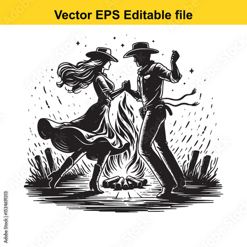 Silhouette Couple Dancing Around Campfire Under Starry Sky Artistic Vector Illustration of Western Lifestyle Romance