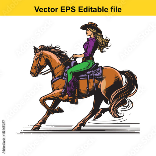 Vintage Illustration of a Cowgirl Riding a Horse in a Dynamic Composition, Evoking a Classic Western Aesthetic