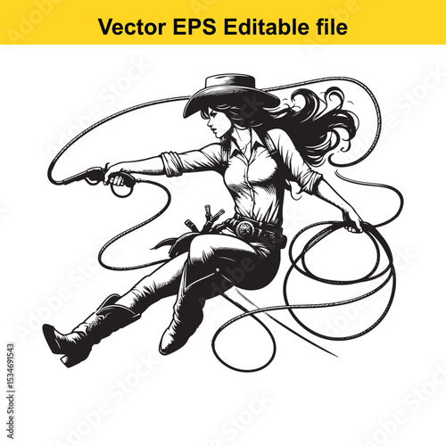 Vintage Cowgirl with Lasso Black and White Silhouette Graceful Rider with Hat and Braided Whip in Action Artistic Rendering