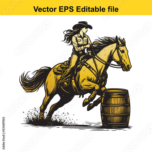 Dynamic Barrel Racing Vector Illustration A Cowgirl and Her Horse in a Thrilling Turn Around the Barrel
