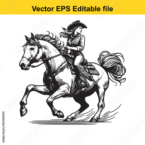 Monochrome Vector Illustration of a Cowgirl Riding a Horse in a Classic Western Style Drawing, Ideal for Graphic Design