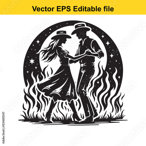 Silhouetted Western Dancers Under the Stars Gracefully Dancing Together Expressing Joy and Harmony in a Vintage Country Setting