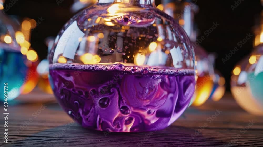 Colorful potions bubble with steam in a mystical apothecary setting at twilight.
