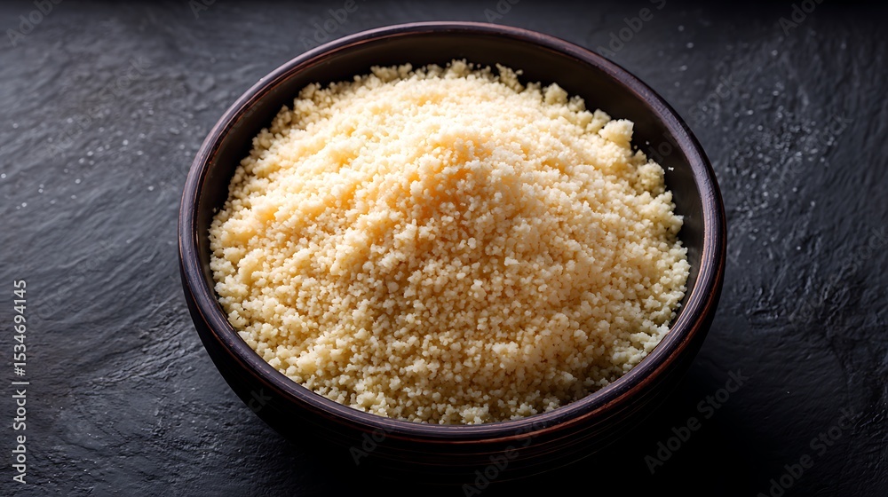 Couscous in a Dark Bowl on a Slate Surface Couscous in a Dark Bowl on a Slate Surface