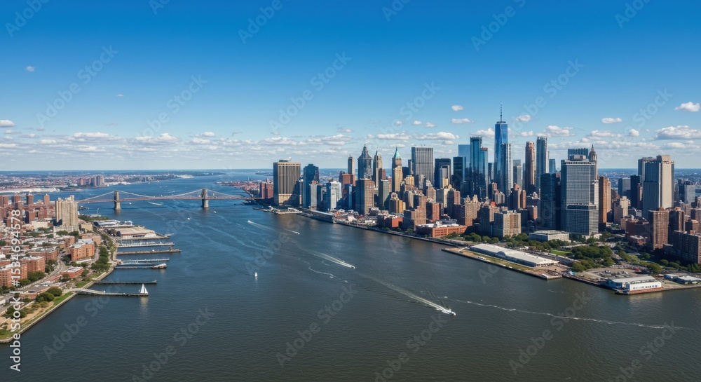 Obraz premium Aerial of new york city skyline and river urban landscape bright daylight scenic overview