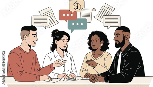 Illustration set showing coworkers in teamwork, sharing feedback, and having group discussions to improve collaboration.