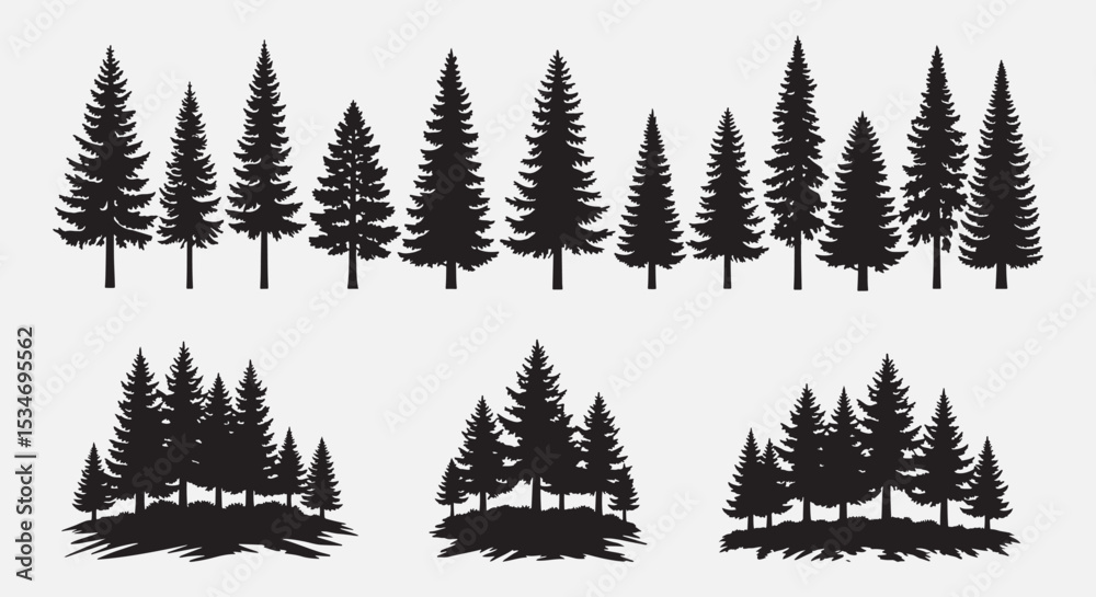 Fototapeta premium Evergreen Forest Silhouette Vector Set – Pine & Spruce Tree Line Illustrations