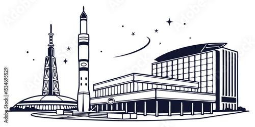 Huntsville Skyline Vector with Saturn V Rocket and Space Center Landmarks