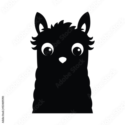 Alpaca silhouette with large expressive eyes and front paws visible vector illustration.