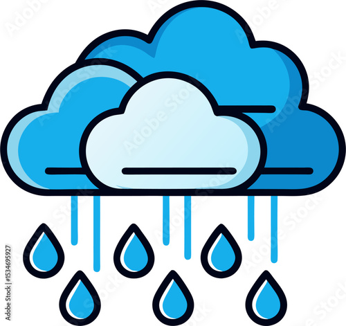 A charming blue and white cartoon illustration of stacked clouds with falling raindrops, depicting a light rain or showery weather condition, ideal for forecasts or natural themes.