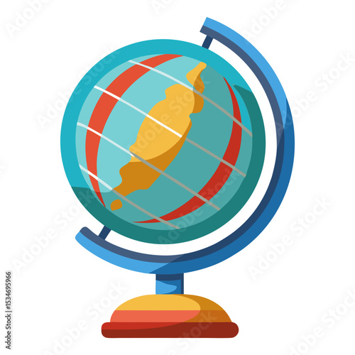 A charming flat design illustration of a blue globe with orange landmasses and red grid lines, mounted on a blue stand with a yellow base, symbolizing education, travel, or global connectivity.