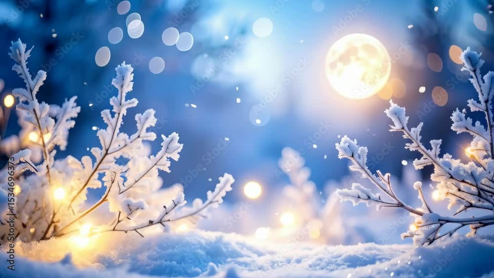 Snowy winter night scene with a full moon, snow covered branches, and illuminated ground with soft bokeh effects
