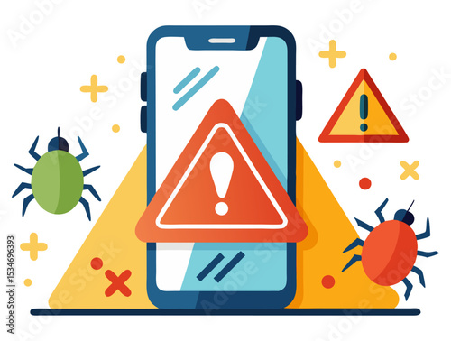 An illustration of a smartphone screen displaying a large warning sign, surrounded by smaller bug icons and additional alert symbols, symbolizing mobile device issues or cybersecurity threats.