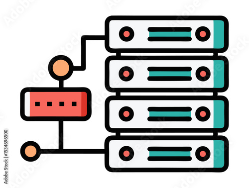 A minimalist icon featuring stacked server racks with connected network components, symbolizing data centers, web hosting, or cloud computing infrastructure.