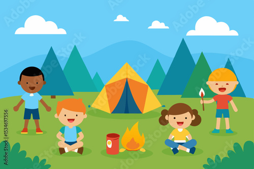 family camping in the mountains