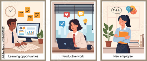 Illustration set showing business professionals engaged in learning new skills, performing productive work, and welcoming a new team member.
