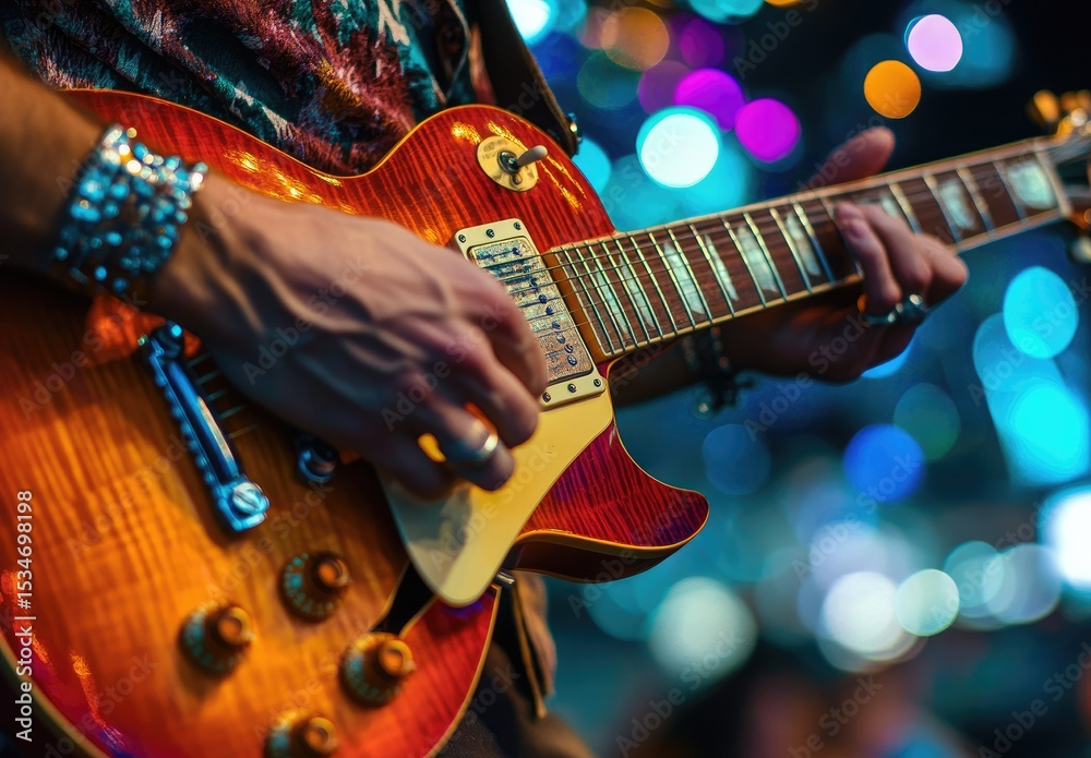 Obraz premium Close-up of guitarist playing electric guitar on stage